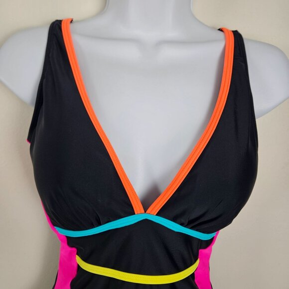 Womens Med Size V-Neck One-Piece Swimsuit Black Tie Back Beach Vacation Sexy - Picture 5 of 8